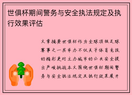 世俱杯期间警务与安全执法规定及执行效果评估