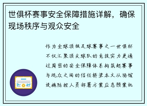 世俱杯赛事安全保障措施详解，确保现场秩序与观众安全