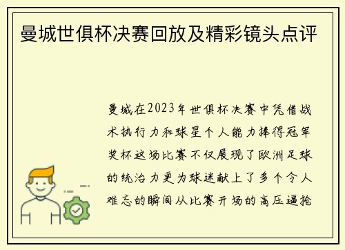 曼城世俱杯决赛回放及精彩镜头点评